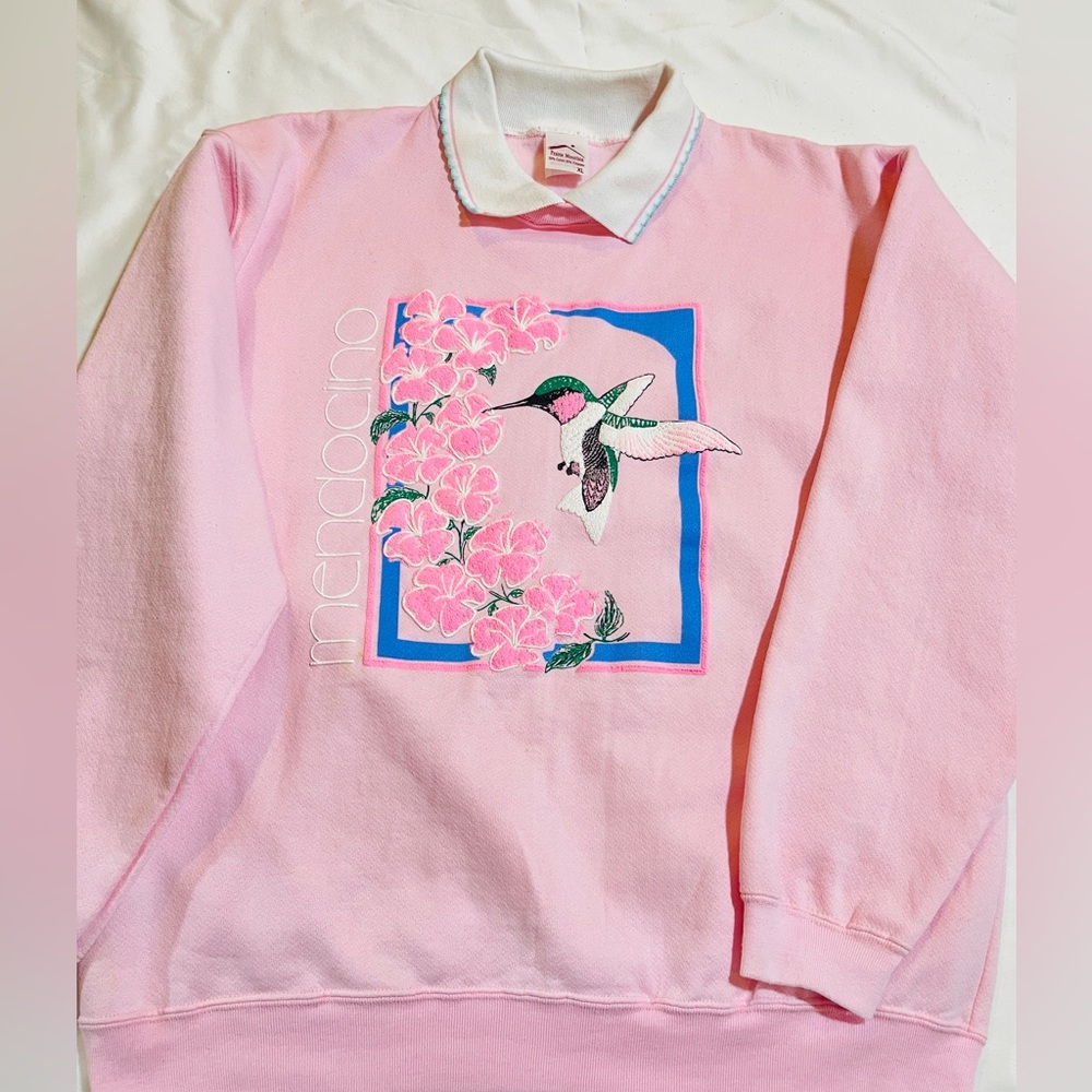 Vintage 80s Collared Pink Grandmacore Hummingbird Floral Mendocino Retro Sweater